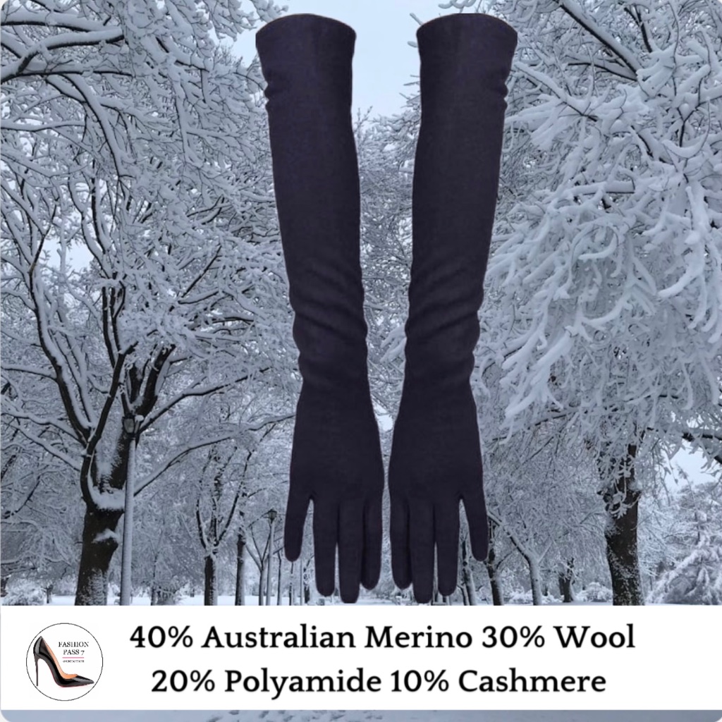 Long Cashmere Merino Wool Gloves Classical Black Opera Driving Winter Warm Glove